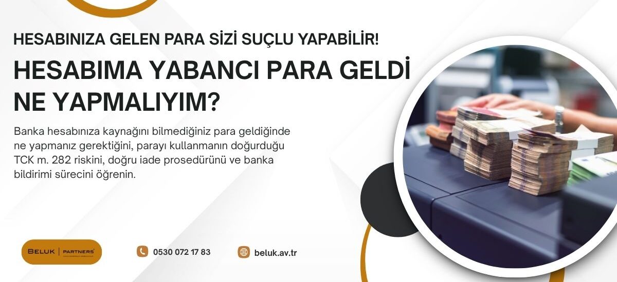 Hesabınıza kaynağını bilmediğiniz bir para geldiğinde ilk yapmanız gereken parayı kullanmamak ve bankaya bildirimde bulunmaktır. Parayı çekmek veya harcamak, suç gelirini kullanmak ya da aklamak kapsamında değerlendirilebilir ve TCK m. 282 uyarınca 3 ila 7 yıl hapis cezasına yol açabilir.